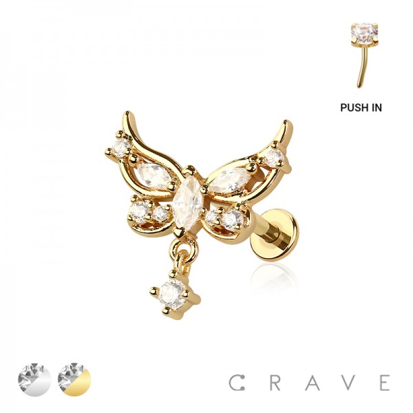 MULTI CZ BUTTERFLY DANGLE CZ THREADLESS (PUSH IN) 316L SURGICAL STEEL LABRET SET